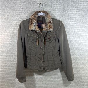 Adidas Olive Jean Jacket with Faux Fur Collar